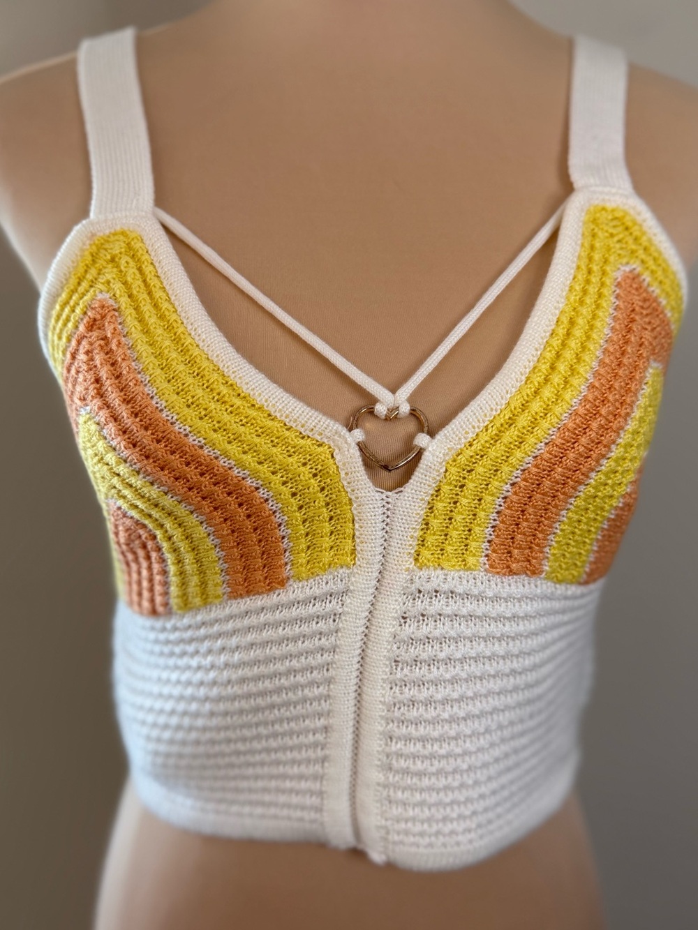 Madden NYC retro crochet crop top heart embellished orange yellow white  SZ M